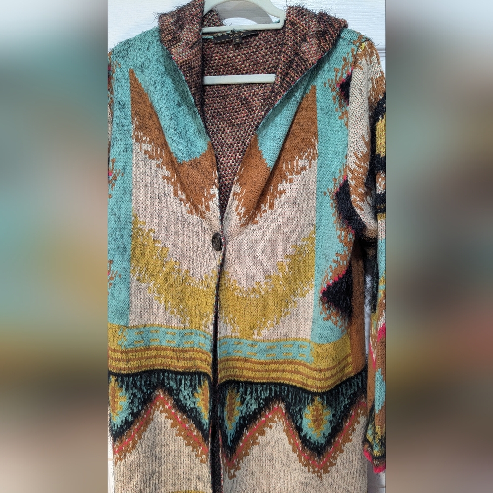 Maxsport Hooded Long Eyelash Tribal Aztec Duster Women’s Cardigan Sweater - Picture 6 of 7